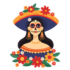 Naklejka premium Mexican Day of the dead, Dia de los muertos. Portrait of a woman wearing a sombrero and festive sugar skull makeup. Calavera style. Catarina. Vector illustration. 