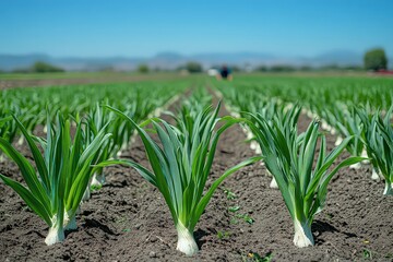 Obraz premium Wide, open field under bright blue sky, showcasing rows of leeks growing tall and straight in a peaceful farming landscape, capturing nature's beauty.