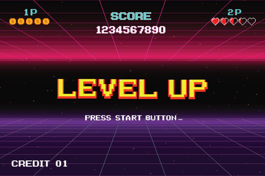 LEVEL UP. press start button. pixel art .8 bit game. retro game. for game assets in vector illustrations.	