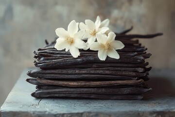 Fototapeta premium Vanilla beans stacked with delicate white flowers on top, highlighting the beauty of nature and the fragrant combination of flowers and pods in a serene setting.