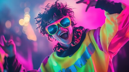 The nu-rave enthusiast joyfully expresses their individuality in bright neon attire, dancing in a lively urban atmosphere filled with colorful lights and energy