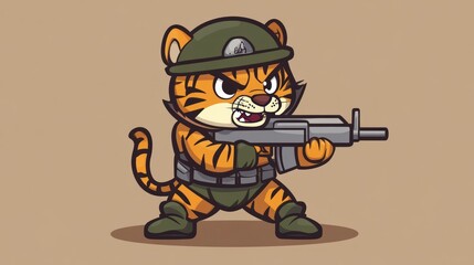 A cartoon tiger wearing a military helmet and holding a rifle.