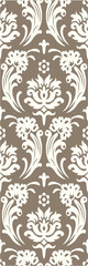 A decorative floral pattern featuring intricate designs in cream on a brown background, suitable for wallpaper or fabric.