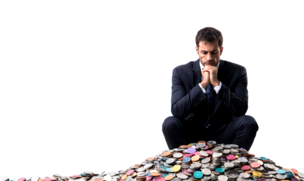 Businessman reflects on his financial challenges while surrounded by a pile of coins isolate on transparent background, png, cutout