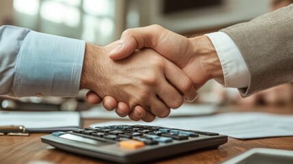 A warm handshake over a calculator signifies partnership and agreement in a professional setting.