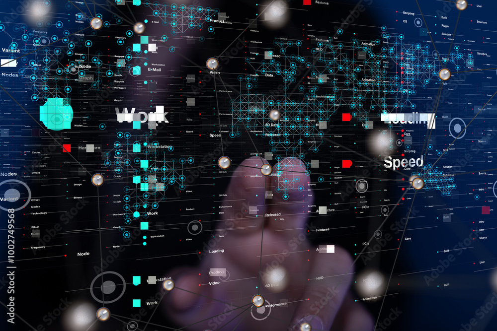 Poster Neural network 3D illustration. Big data and cybersecurity