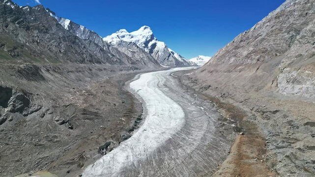 Drang Drung Glacier, a stunning mountain valley with a winding river, Zanskar