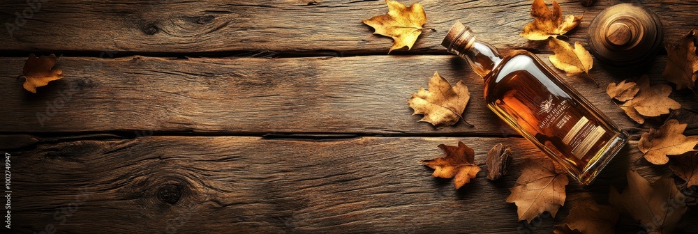 Poster a close-up view of a whiskey bottle surrounded by autumn leaves on a rustic wooden surface during th