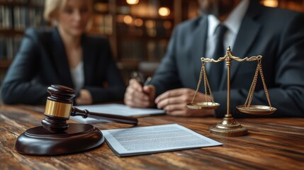 Gavel and scales symbolize justice in a legal office setting