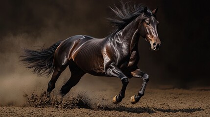 Fototapeta premium Majestic black horse running across a dirt field with a powerful stride