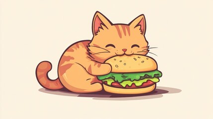 Cute cartoon cat with a happy expression holding a hamburger.