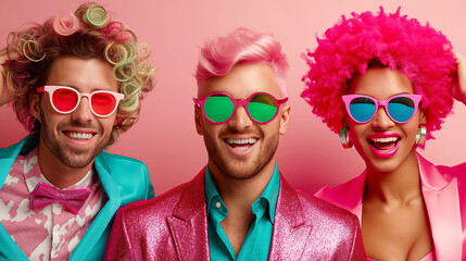 Obraz premium A dynamic team of four individuals express their creativity through colorful clothing and accessories, posing joyfully against a bright pink background, exuding a fun and lively atmosphere