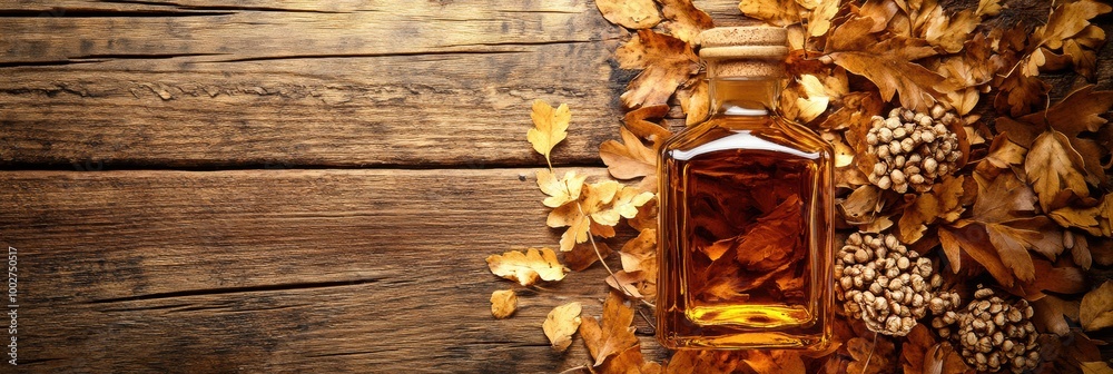 Aufkleber a rustic whiskey bottle surrounded by autumn leaves and nuts on a wooden surface in a cozy setting. 