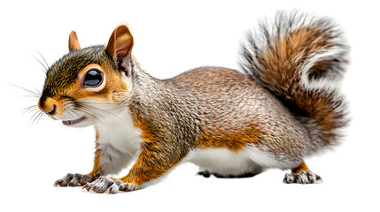 Fototapeta premium Closeup Portrait of a Curious and Adorable Brown and Gray Squirrel Sitting on a Branch and Looking Directly at the on a Clean White Background