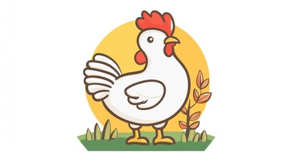 Cartoon white chicken with red comb and wattle standing on green grass with a yellow sun in the background.