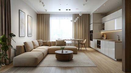 Fototapeta premium Modern living room featuring a cozy beige sectional sofa and minimalist decor.
