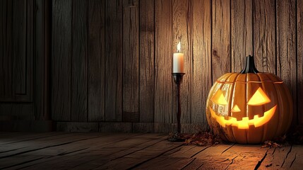 A carved pumpkin with a lit candle sits on a wooden floor in front of a rustic wooden wall.