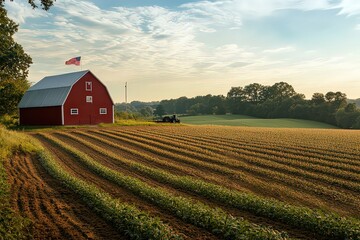  peaceful rural scene with red barn, sprawling crop fields, stretching horizon under soft sunlight, embodies simple country life, perfect depiction of farmland serenity.