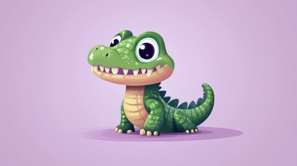 Fototapeta premium Cute green alligator with big eyes sitting on a lavender background.