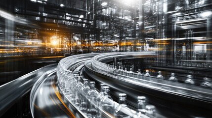 A dynamic view of a bottling line in an industrial setting.