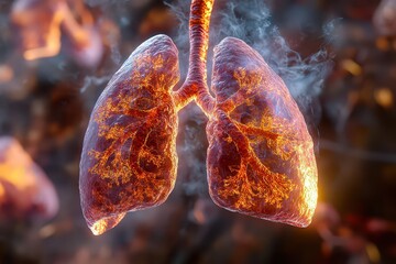  image presents 3D rendering of lungs affected by chronic bronchitis, highlighting inflamed bronchi, excessive mucus production, and airway constriction associated with long-term respiratory illness.