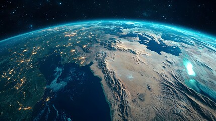 Obraz premium A stunning view of Earth from space, showcasing vibrant landmasses and city lights.