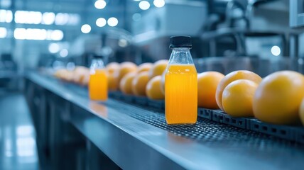 Freshly squeezed orange juice bottles lined up on a production line, with ripe oranges in the background. - Powered by Adobe