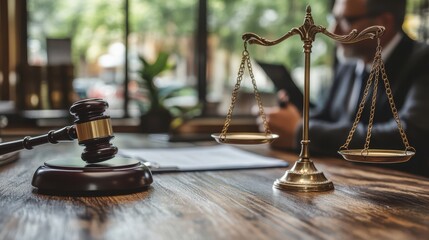 Gavel and scales symbolize justice in a legal office setting