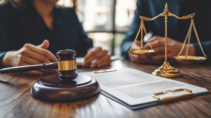 Gavel and scales symbolize justice in a legal office setting