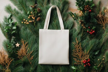 Subtle Shadowing Tote Bag on Festive Greenery