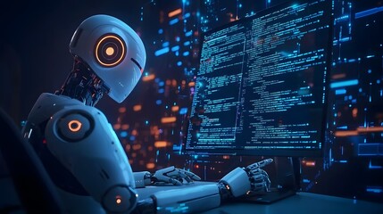 Futuristic humanoid robot coding in a dark digital environment.