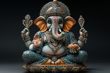 Fototapeta premium Beautifully designed Lord Ganesha statue in vibrant colors, perfect for Diwali decorations, invoking blessings and enhancing festive spirit.