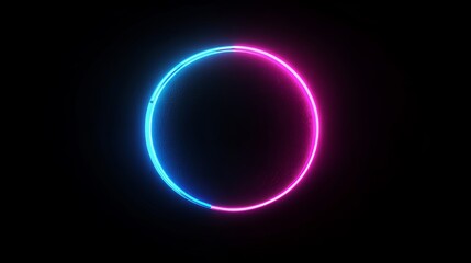 The walls of the dark tunnel are outlined with a glowing pink blue neon ring inside a minimalist geometric abstract background. A futuristic wallpaper with futuristic colors.