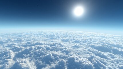 A tranquil skyscape above the clouds, with a vivid blue sky and a tiny bright sun just over the horizon