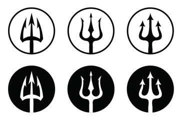 Trident vector icon set in black circle isolated on white background. Vector black logo set of tridents in circle Triton, Neptune, Poseidon. Flat design. Vector illustration.