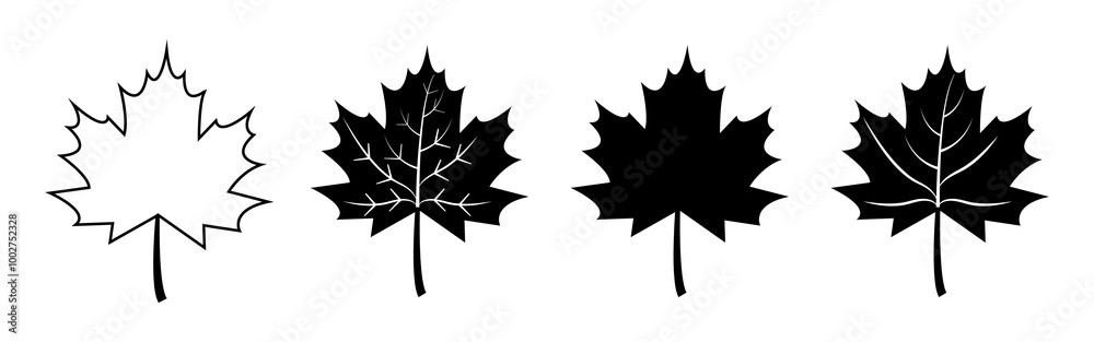 Wall mural set of flat black maple leaf shape icons isolated on white background vector illustration. maple lea