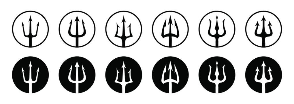 Trident icon set in circle shape vector illustration isolated on white background. Vector black logo set of tridents in circle Triton, Neptune, Poseidon. Flat design.