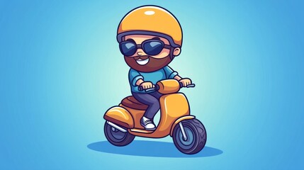 Obraz premium Cartoon illustration of a man riding a scooter with a yellow helmet and sunglasses.
