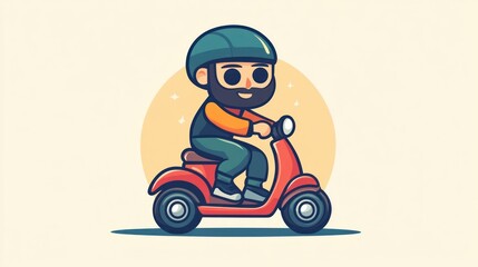Cartoon man with beard wearing helmet riding a scooter.