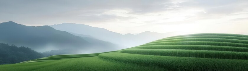 Naklejka premium Serene green hills under soft clouds, captured in gentle light, creating a peaceful natural scene.