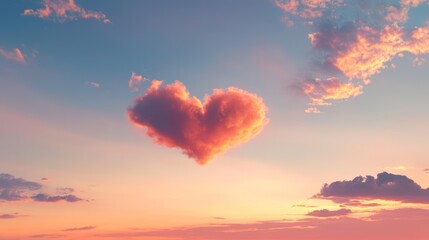 A warm sky at dusk with a single cloud shaped like a love letter, softly illuminated by the fading light