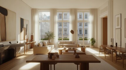 Bright and clean home living room interior design concept, decorated with wood material, simple comfort, and simplicity decoration in beautiful design background