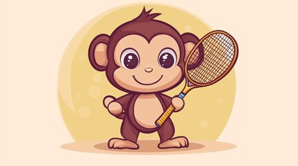 Obraz premium Cute cartoon monkey holding a tennis racket.