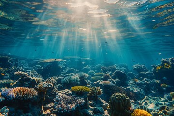 Obraz premium Vibrant Coral Reefs and Diverse Marine Life with Sunlight Filtering Through Ocean Waters