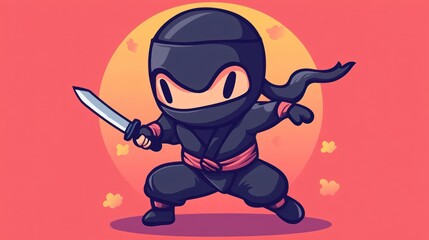 A cute cartoon ninja holding a sword in a fighting pose.