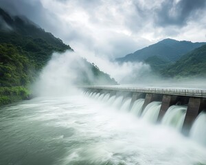 Fototapeta premium A breathtaking view of a dam surrounded by misty mountains and flowing waters, capturing nature's power.