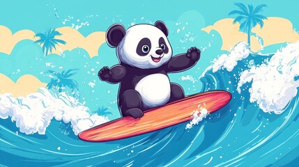 A happy panda bear is surfing on a wave.