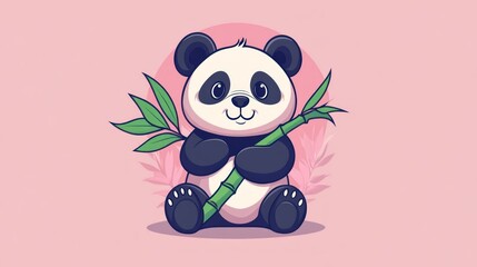 Cute cartoon panda holding a bamboo stick on a pink background.