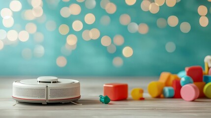 Smart vacuum cleaner on wooden floor with colorful blocks and bokeh background.