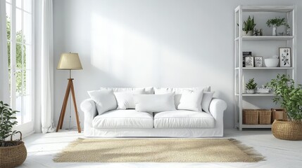 living room interior with a white sofa and shelves